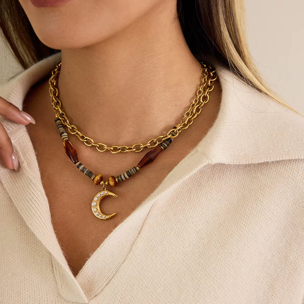 Uworld Vintage 18K Gold Plated Stainless Steel Resin Stone Sun Moon Pendant Necklace for Women Fashion Jewelry Gift