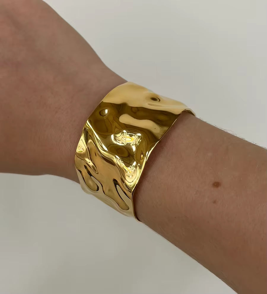 Textured Gold Cuff Gold Plated Stainless Steel Adjustable Bangele Bracelets for Women Striking Look Minimalist Jewelry