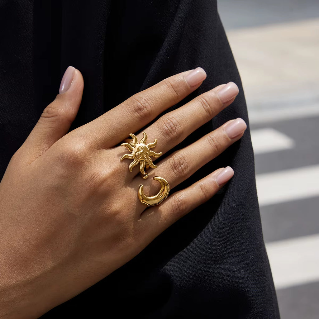 Classic Fashion 18K Gold Color Plated Sun Moon Adjustable Open Rings Minimalist Stainless Steel Jewelry for Women Кольцо