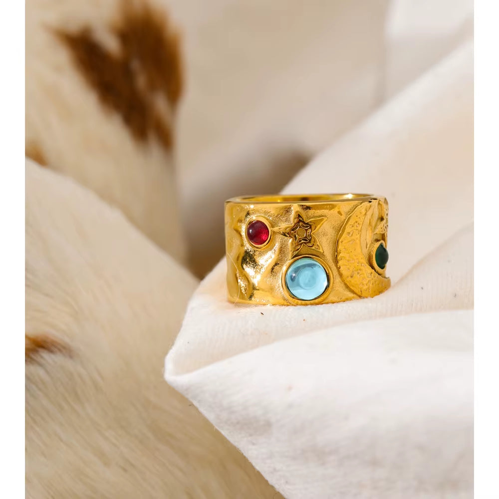 Size 678 Stainless Steel Star Moon Casting Ring 18K PVD Plated Individualistic Statement Finger Jewelry