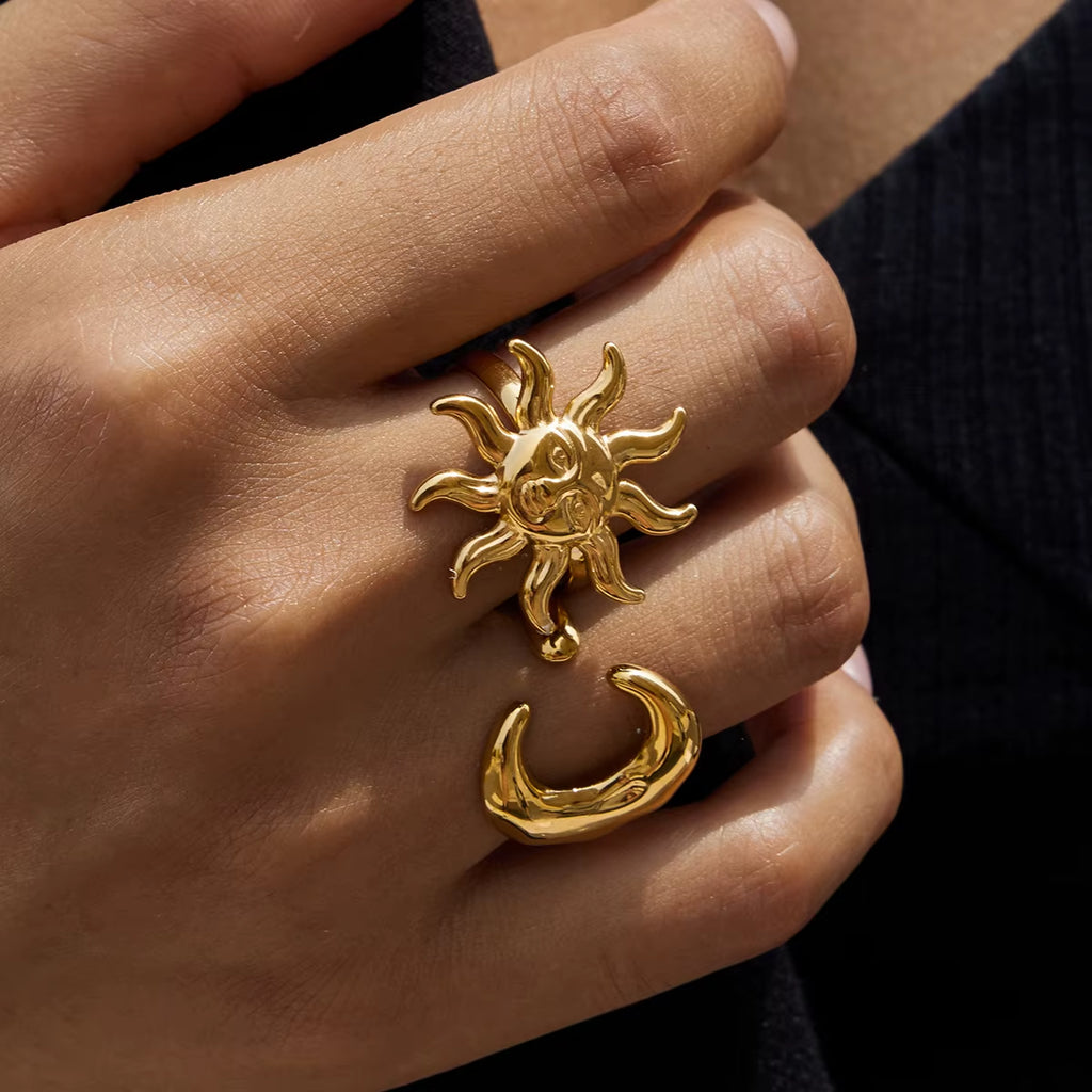 Classic Fashion 18K Gold Color Plated Sun Moon Adjustable Open Rings Minimalist Stainless Steel Jewelry for Women Кольцо
