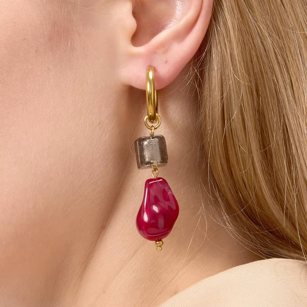 Vintage Wine Red Shaped Pendant Earrings 18K PVD Stainless Steel Black Square Pendant Earrings Women'S Jewelry Designer