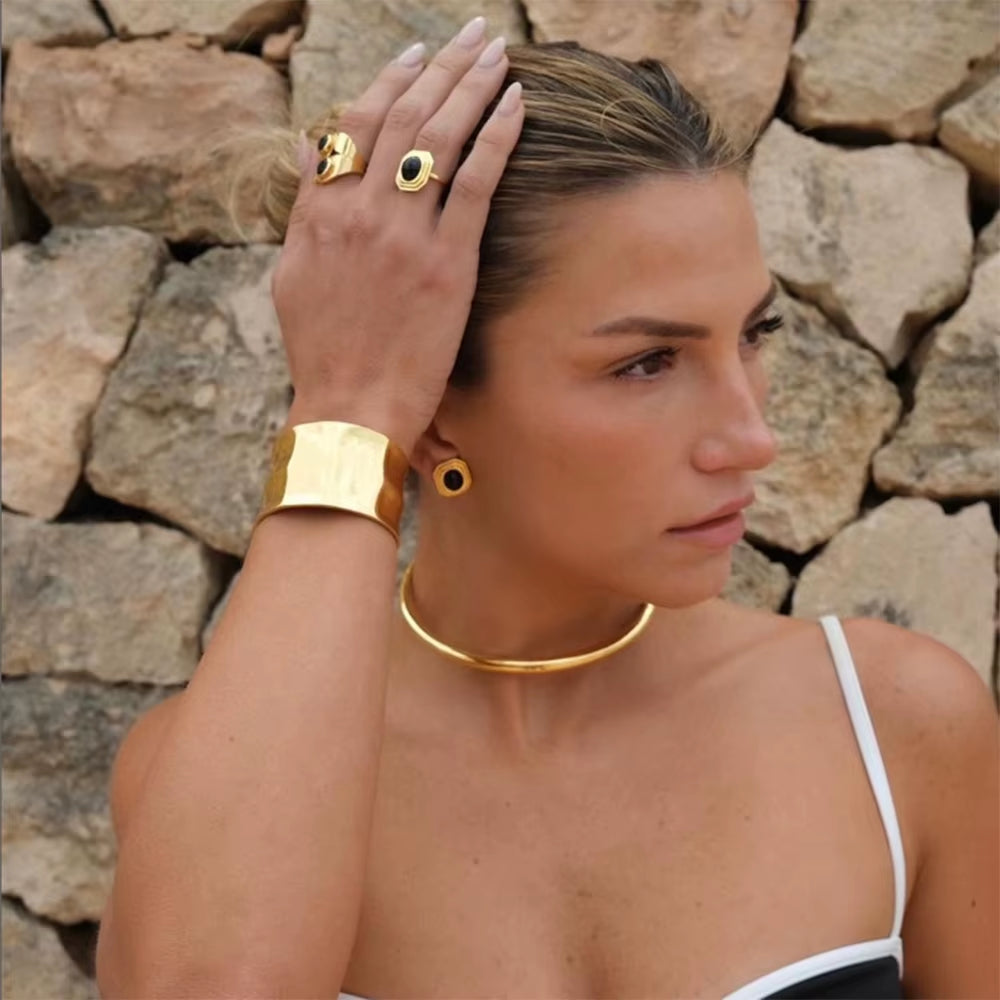 Textured Gold Cuff Gold Plated Stainless Steel Adjustable Bangele Bracelets for Women Striking Look Minimalist Jewelry