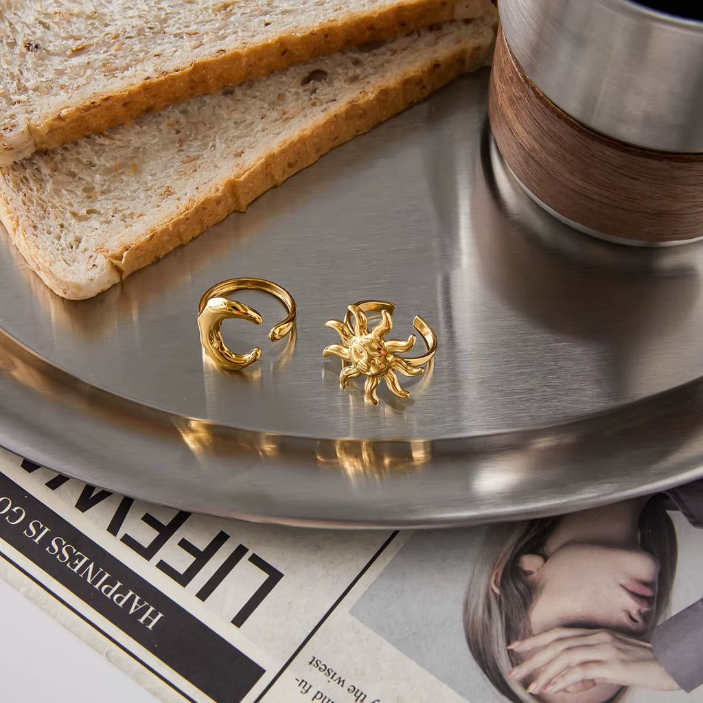 Classic Fashion 18K Gold Color Plated Sun Moon Adjustable Open Rings Minimalist Stainless Steel Jewelry for Women Кольцо