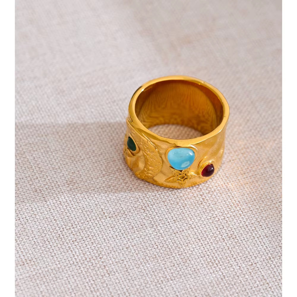 Size 678 Stainless Steel Star Moon Casting Ring 18K PVD Plated Individualistic Statement Finger Jewelry