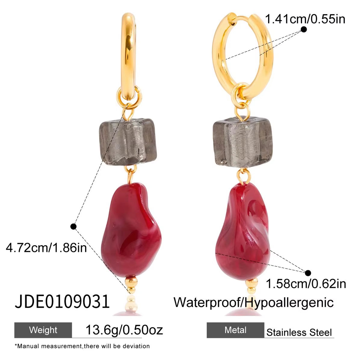 Vintage Wine Red Shaped Pendant Earrings 18K PVD Stainless Steel Black Square Pendant Earrings Women'S Jewelry Designer