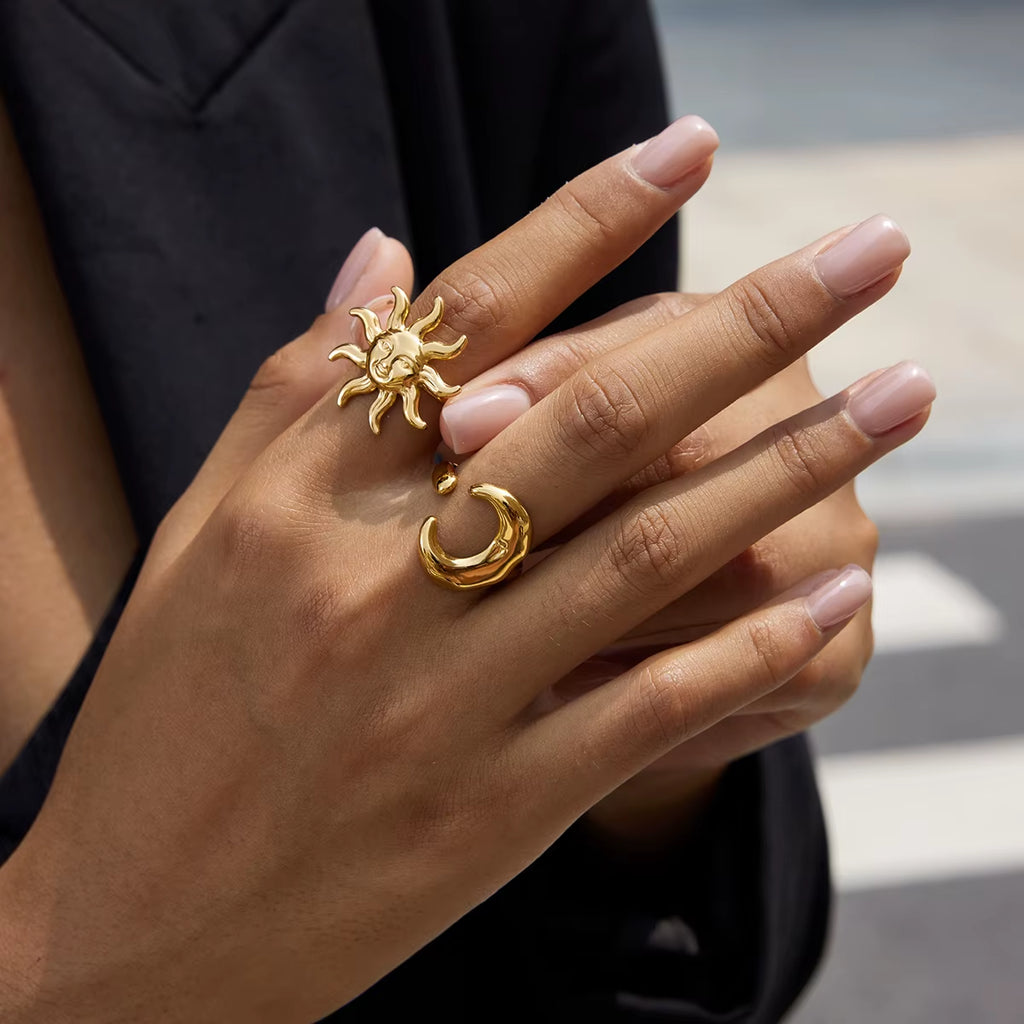 Classic Fashion 18K Gold Color Plated Sun Moon Adjustable Open Rings Minimalist Stainless Steel Jewelry for Women Кольцо