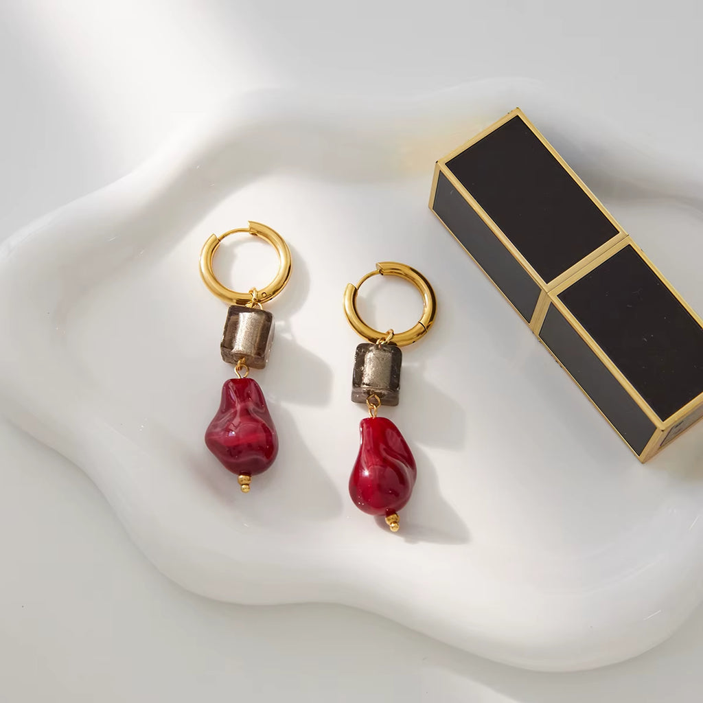 Vintage Wine Red Shaped Pendant Earrings 18K PVD Stainless Steel Black Square Pendant Earrings Women'S Jewelry Designer