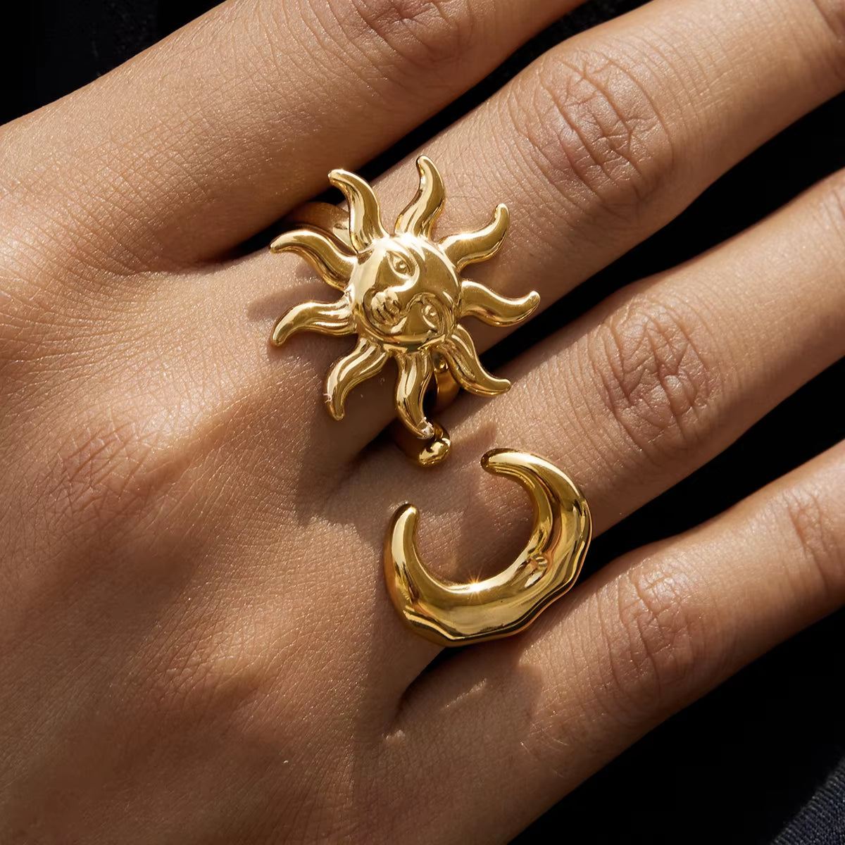Classic Fashion 18K Gold Color Plated Sun Moon Adjustable Open Rings Minimalist Stainless Steel Jewelry for Women Кольцо